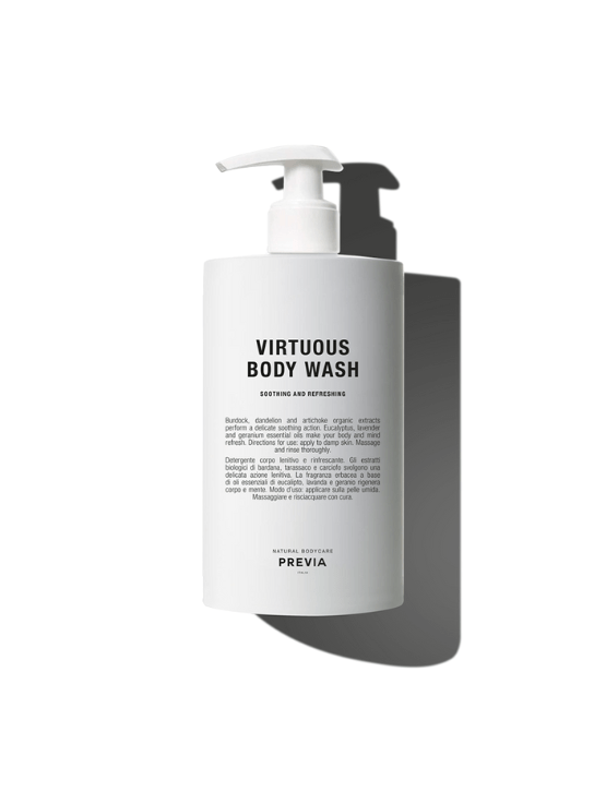 Previa Body Wash es un jabón corporal de alta calidad que limpia y cuida tu piel con delicadeza, proporcionando una experiencia relajante y revitalizante. Formulado con extractos orgánicos de bardana, diente de león y alcachofa, ofrece una acción calmante que ayuda a suavizar e hidratar la piel, dejándola fresca y saludable.