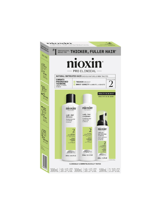 Nioxin Kit #2 Natural Adelgazamiento Progresivo es un kit profesional diseñado para fortalecer y engrosar el cabello natural con debilitamiento avanzado.