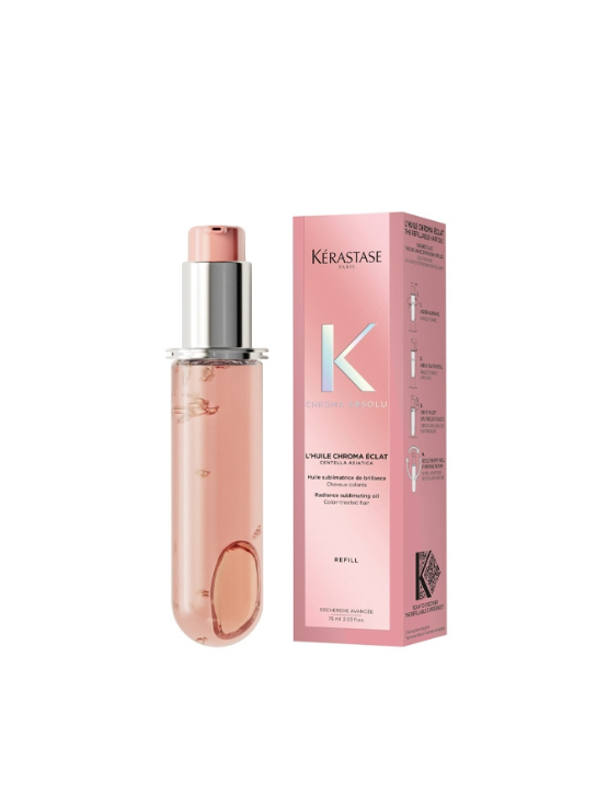 Kérastase L'Huile Chroma Éclat Refill es un aceite protector que mantiene el 93% del color hasta por 6 semanas, aporta brillo duradero y al pelo teñido.