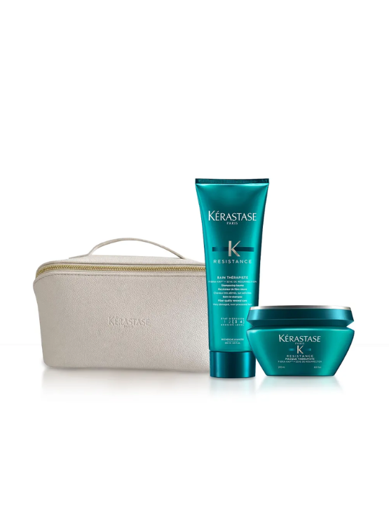Recupera tu cabello con el Mom Kit Resistance de Kérastase. Shampoo y mascarilla que reparan, fortalecen y reducen el quiebre.
